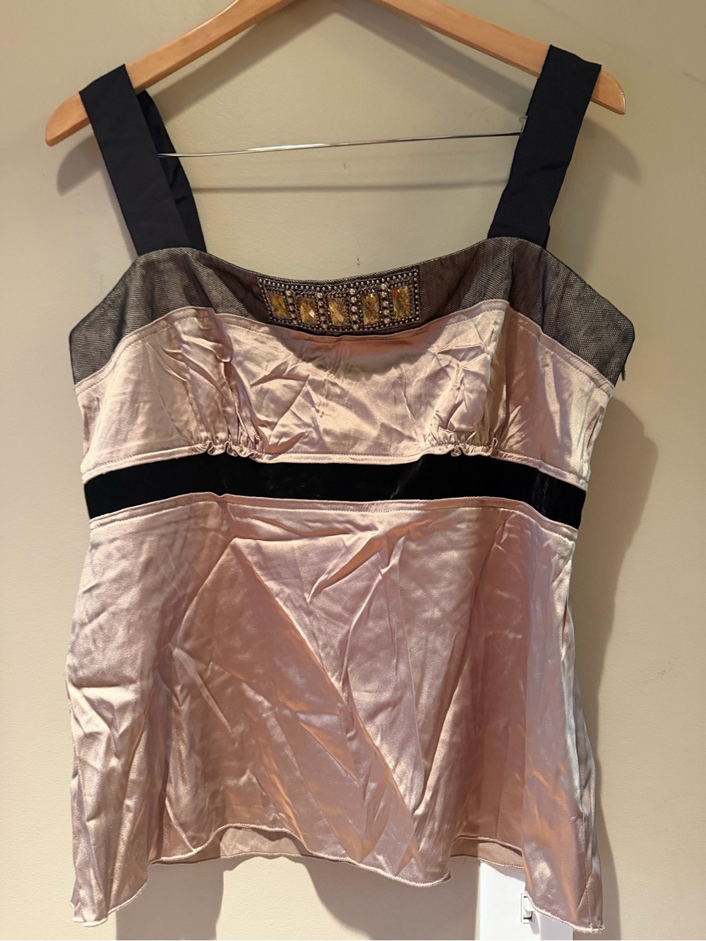 Elie Tahari Blush Satin Camisole with beaded jeweled details L